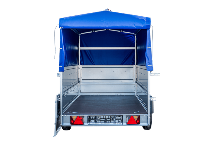 REMORQUE 264 KIPP AVEC ROUE JOCKEY, CÔTÉS RIDELLES SUPPLÉMENTAIRES, CHÂSSIS H-800 ET BACHE BLEUE