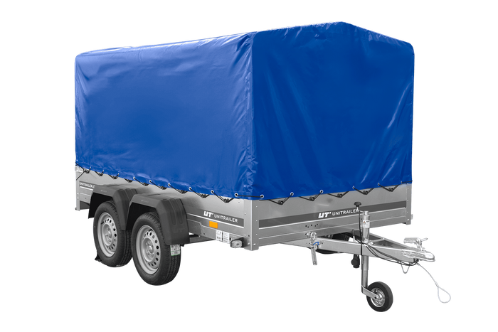 Remorque à deux essieux 264x150 UNITRAILER GARDEN 265/2 KIPP avec châssis H-1100 et bâche bleue