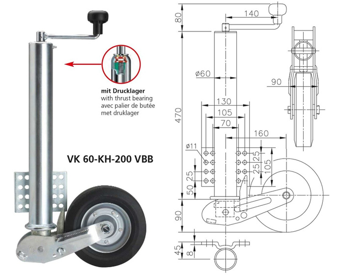 Roue jockey charge 250kg Winterhoff VK 60-KH-200 VBB