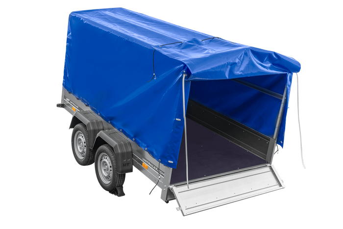 Remorque à deux essieux 264x150 UNITRAILER GARDEN 265/2 KIPP avec châssis H-1100 et bâche bleue