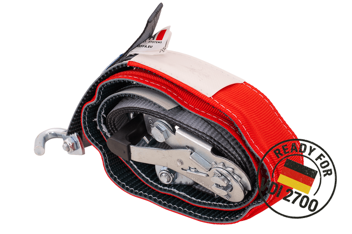 Lot de quatre sangles de transport, d'arrimage pour remorque HEFFA CARLINE 130,  fixation des roues 2,8 m/35 mm/3 t VDI 2700