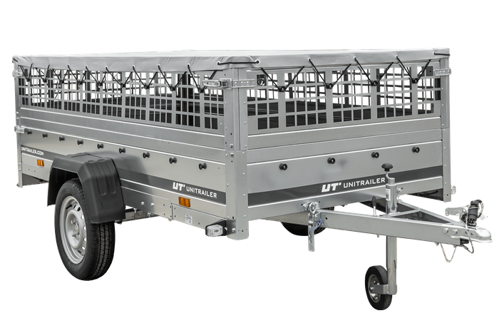 REMORQUE DE JARDIN 264 KIPP AVEC ROUE JOINTE, CÔTÉS GRILLÉS ET BÂCHE PLATE GRIS