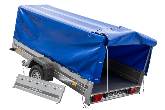 Remorque à un essieu 264x150 UNITRAILER GARDEN 265 KIPP avec arceau H-800 et bâche bleue