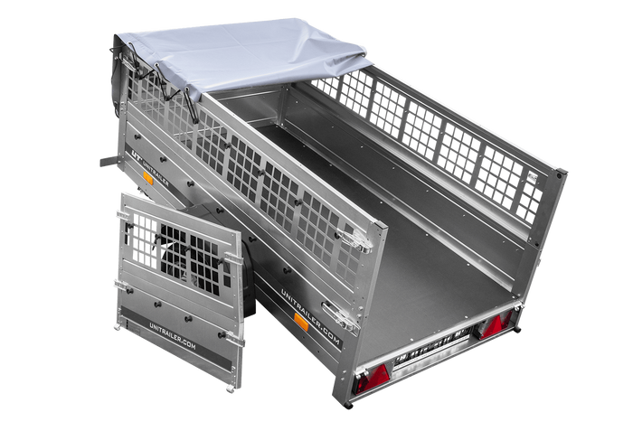 Remorque grillagée 200x106 avec bâche plate grise, ridelles grillagées et roue jockey - Garden Trailer 200 KIPP