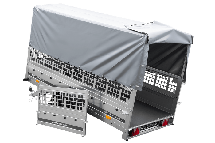 REMORQUE DE JARDIN 264 KIPP AVEC ROUE JOINTE, CÔTÉS GRILLÉS, CHÂSSIS H-800 ET BACHE GRISE