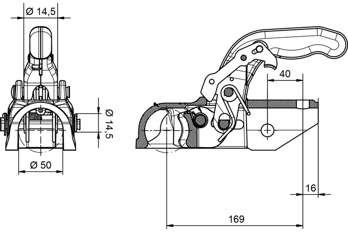 Attelage à boule KNOTT K27-A pour remorque 2700kg avec timon tubulaire de 50mm, fonte 