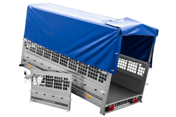 REMORQUE DE JARDIN 264 KIPP AVEC ROUE JOINTE, GLISSIÈRES GRILLÉES, CHÂSSIS H-800 ET COUVERCLE BLEU