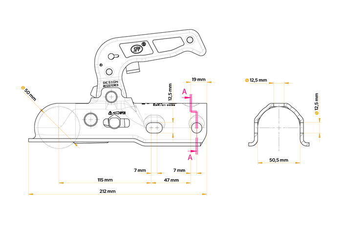 Attelage à boule STEELPRESS BC-1200C pour remorque de 1200 kg avec timon tubulaire de 50 mm