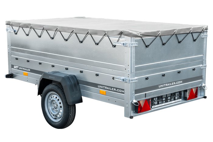 Grande remorque 230x125 avec bâche plate grise, rehausses de ridelles et roue jockey - Garden Trailer 230 KIPP