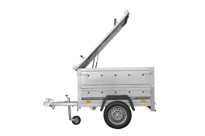 Remorque un essieu 150x106 UNITRAILER GARDEN 150 KIPP avec côtés, ridelles supplementaires et capot en aluminium