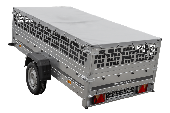 REMORQUE DE JARDIN 264 KIPP AVEC ROUE JOINTE, CÔTÉS GRILLÉS ET BÂCHE PLATE GRIS