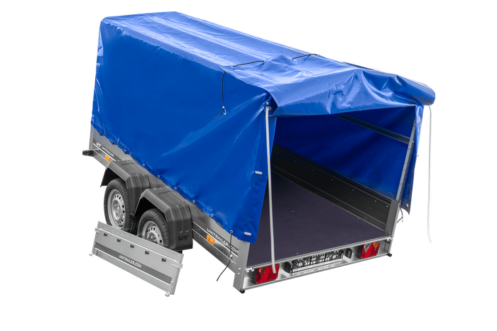 Remorque à deux essieux 264x150 UNITRAILER GARDEN 265/2 KIPP avec châssis H-1100 et bâche bleue