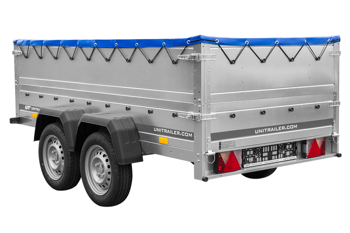 Remorque double essieux Garden Trailer 264/2 KIPP avec roue jockey, rehausses de ridelles et bâche plate bleue 