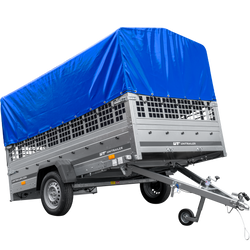 Remorque voiture 264x150 UNITRAILER GARDEN 265 KIPP avec ridelles grillagées, arceau H-800 et bâche bleue