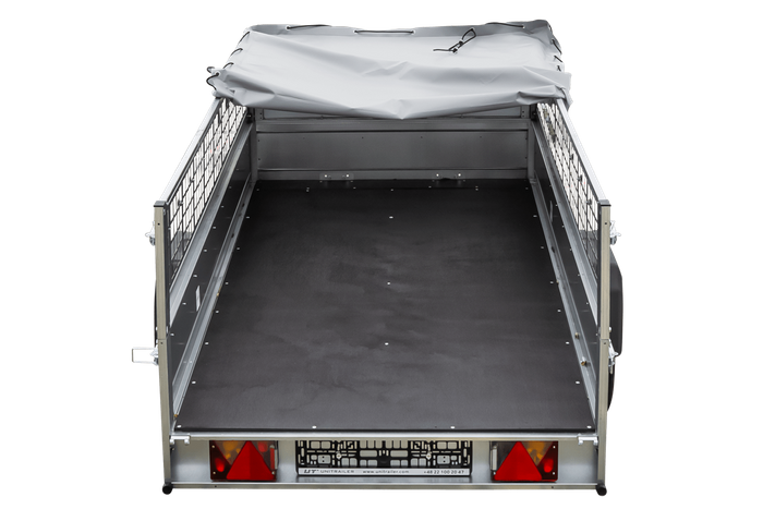 REMORQUE DE JARDIN 264 KIPP AVEC ROUE JOINTE, CÔTÉS GRILLÉS ET BÂCHE PLATE GRIS