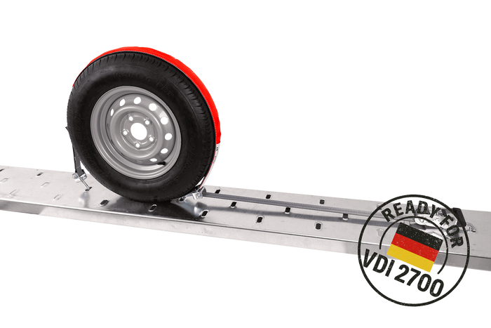 Lot de quatre sangles de transport, d'arrimage pour remorque HEFFA CARLINE 130,  fixation des roues 2,8 m/35 mm/3 t VDI 2700