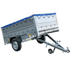 REMORQUE DE JARDIN 230 KIPP AVEC ROUE JOINTE, GLISSIÈRES BIS ET BÂCHE PLATE BLEUE