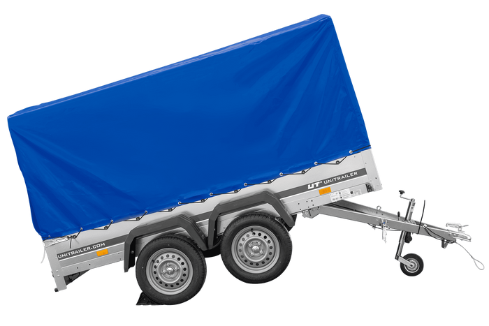 Remorque à deux essieux 264x150 UNITRAILER GARDEN 265/2 KIPP avec châssis H-1100 et bâche bleue