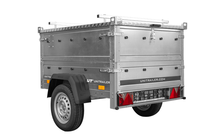Remorque un essieu 150x106 UNITRAILER GARDEN 150 KIPP avec côtés, ridelles supplementaires et capot en aluminium