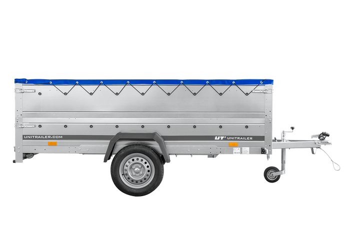 Remorque à essieu simple 264x150 UNITRAILER GARDEN 265 KIPP avec ridelles BIS, châssis H-0 et bâche bleue