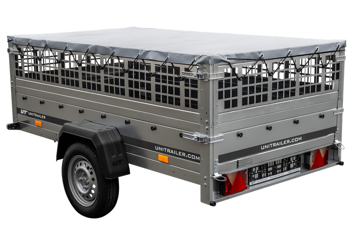 Grande remorque 230x125 avec bâche plate, ridelles grillagées, roue jockey et tiges de support bâche - Garden Trailer 230 KIPP