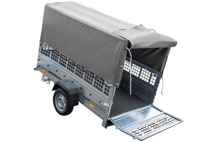 Grande remorque 230x125 avec bâche haute grise, ridelles grillagées et roue jockey - Garden Trailer 230 KIPP