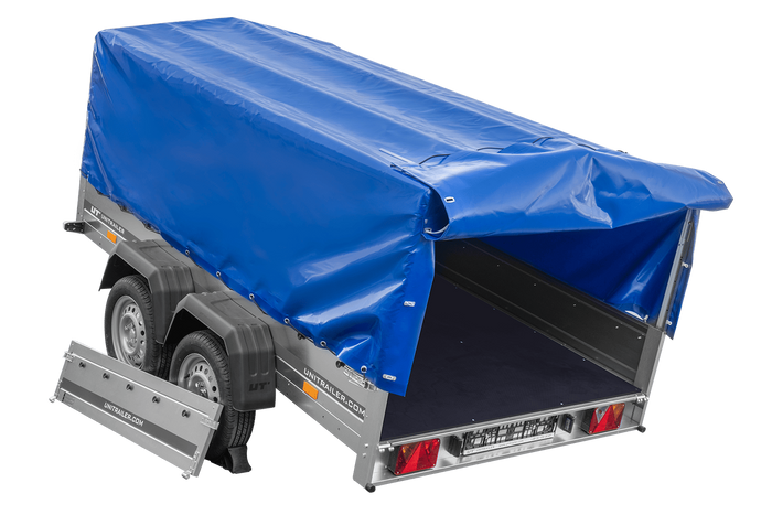 Remorque à deux essieux 264x150 UNITRAILER GARDEN 265/2 KIPP avec châssis H-800 et bâche bleue