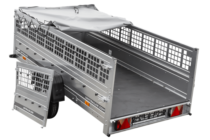 REMORQUE DE JARDIN 264 KIPP AVEC ROUE JOINTE, CÔTÉS GRILLÉS ET BÂCHE PLATE GRIS