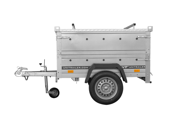 Remorque un essieu 150x106 UNITRAILER GARDEN 150 KIPP avec côtés, ridelles supplementaires et capot en aluminium