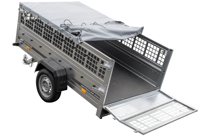 Grande remorque 230x125 avec bâche plate, ridelles grillagées, roue jockey et tiges de support bâche - Garden Trailer 230 KIPP