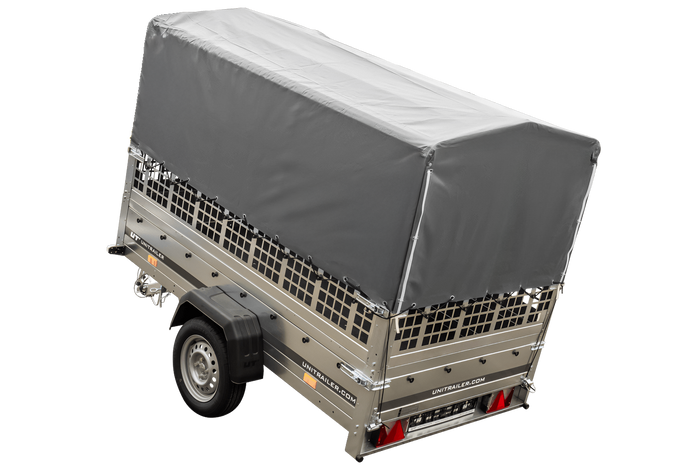 Grande remorque 230x125 avec bâche haute grise, ridelles grillagées et roue jockey - Garden Trailer 230 KIPP