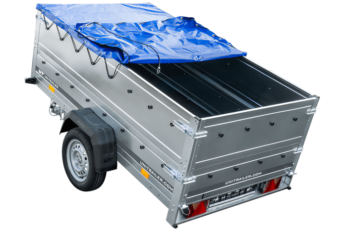 REMORQUE DE JARDIN 230 KIPP AVEC ROUE JOINTE, GLISSIÈRES BIS ET BÂCHE PLATE BLEUE