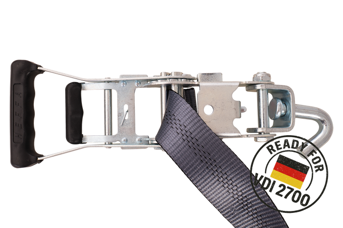 Lot de quatre sangles de transport, d'arrimage pour remorque HEFFA CARLINE 130,  fixation des roues 2,8 m/50 mm/5 t VDI 2700