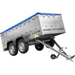 Remorque double essieux Garden Trailer 264/2 KIPP avec roue jockey, rehausses de ridelles et bâche plate bleue 