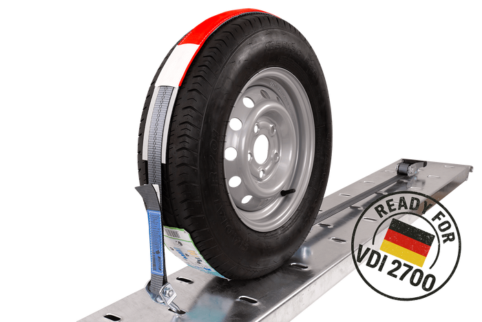 Lot de quatre sangles de transport, d'arrimage pour remorque HEFFA CARLINE 130,  fixation des roues 2,8 m/35 mm/3 t VDI 2700