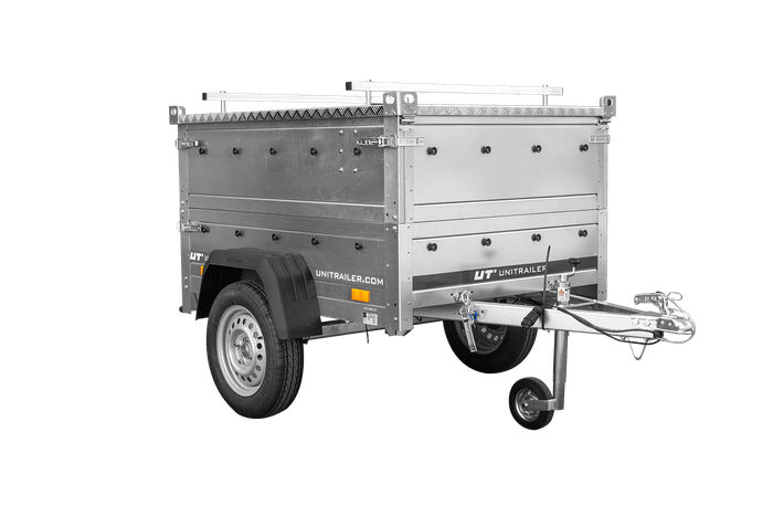 Remorque un essieu 150x106 UNITRAILER GARDEN 150 KIPP avec côtés, ridelles supplementaires et capot en aluminium