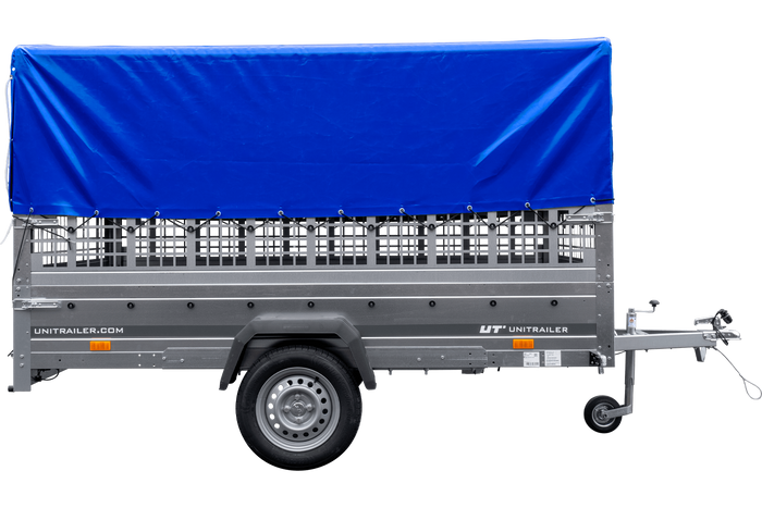 Remorque voiture 264x150 UNITRAILER GARDEN 265 KIPP avec ridelles grillagées, arceau H-800 et bâche bleue
