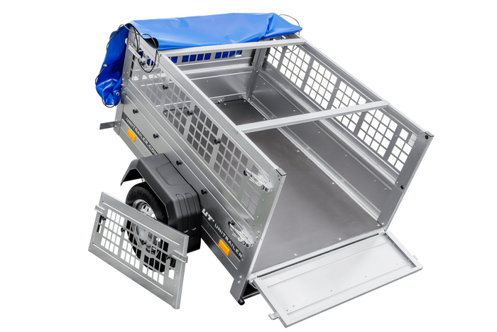 PETITE REMORQUE À VENDRE - GARDEN TRAILER 150 KIPP [AVEC BÂCHE PLATE BLEUE, ROUE JOCKEY ET TIGES DE SUPPORT BÂCHE]