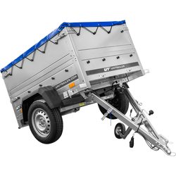 Remorque petite à vendre à benne basculante - Garden Trailer 150 KIPP [avec rehausses de ridelles et bâche plate bleue]