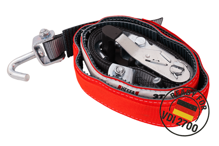 Lot de quatre sangles de transport, d'arrimage pour remorque HEFFA CARLINE 130,  fixation des roues 2,8 m/35 mm/3 t VDI 2700