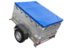 Remorque petite à vendre à benne basculante - Garden Trailer 150 KIPP [avec rehausses de ridelles et bâche plate bleue]