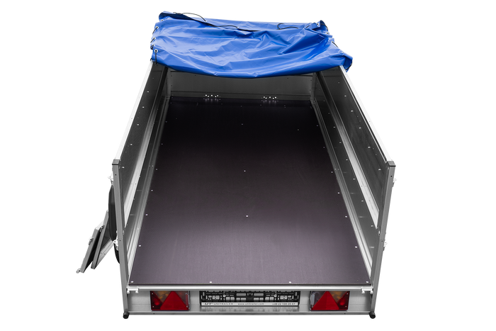 Remorque double essieux Garden Trailer 264/2 KIPP avec roue jockey, rehausses de ridelles et bâche plate bleue 