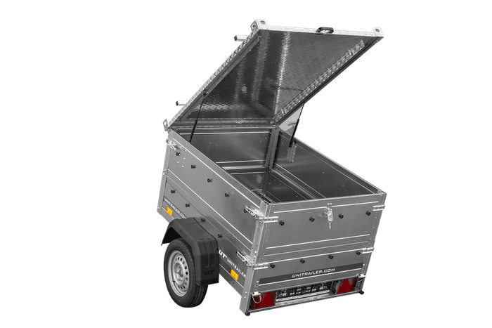 Remorque un essieu 150x106 UNITRAILER GARDEN 150 KIPP avec côtés, ridelles supplementaires et capot en aluminium
