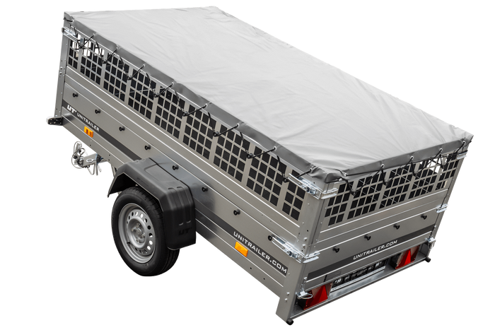 REMORQUE DE JARDIN 230 KIPP AVEC ROUE DE SUPPORT, CÔTÉS GRILLÉS ET Bâche PLATE GRIS