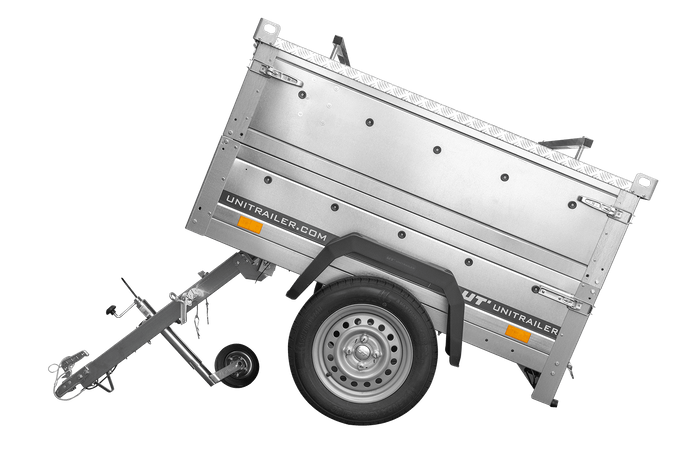 Remorque un essieu 150x106 UNITRAILER GARDEN 150 KIPP avec côtés, ridelles supplementaires et capot en aluminium
