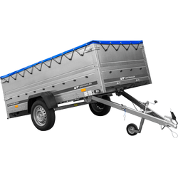 Remorque simple essieu Unitrailer GARDEN TRAILER 264 KIPP avec rehausses de ridelles et bâche plate bleue